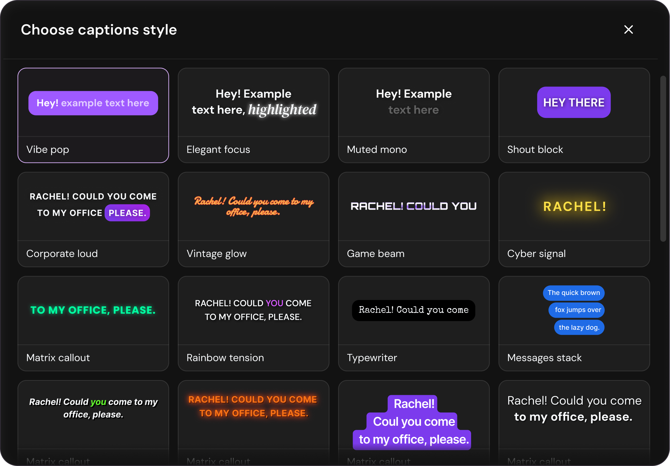 A Choose captions style modal showing a grid of caption presets including Vibe pop, Elegant focus, Corporate loud, Vintage glow, and more.