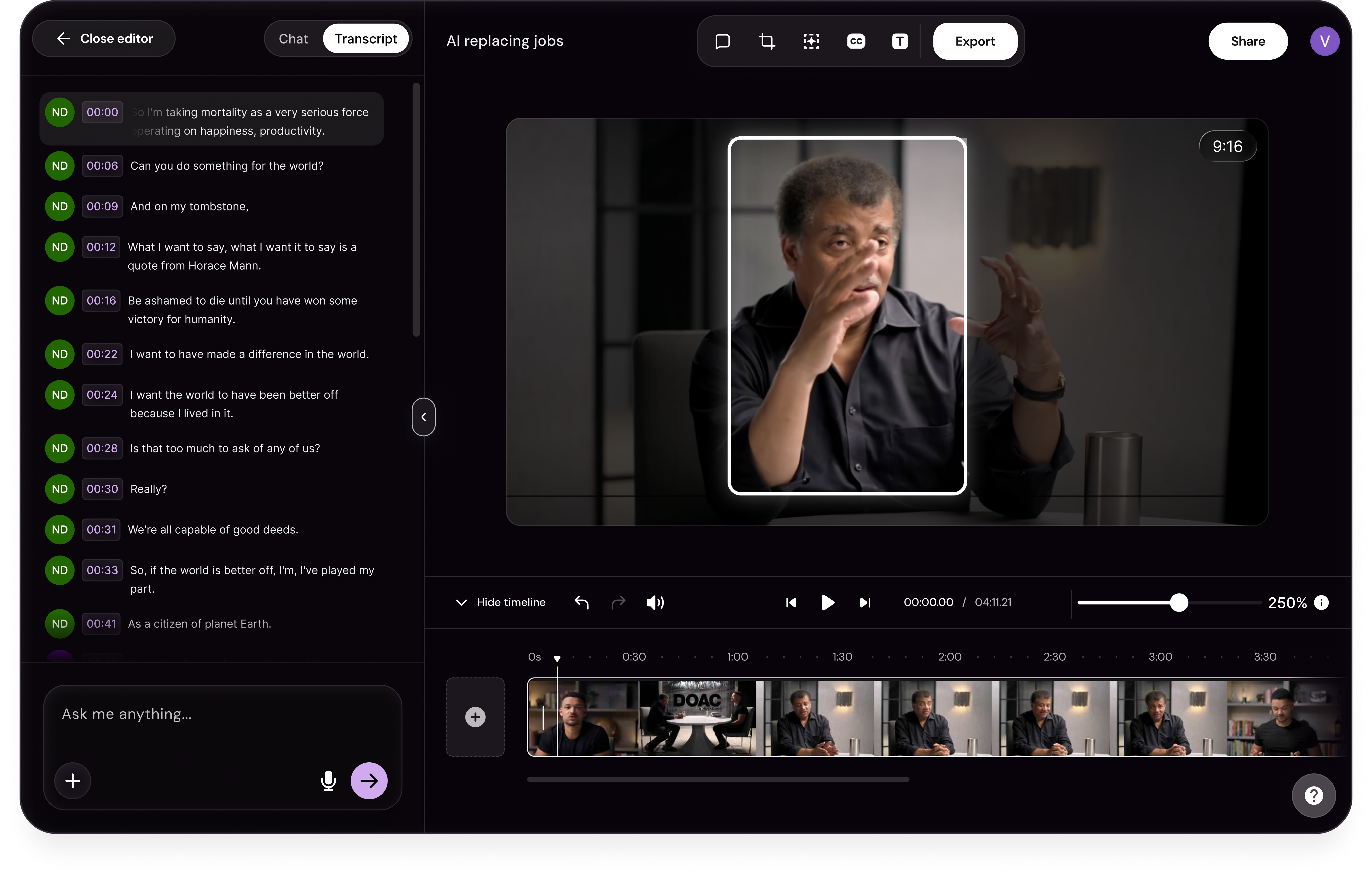 The StarZero editor showing a podcast clip on the timeline, with a chat panel listing detected moments and a transcript panel.