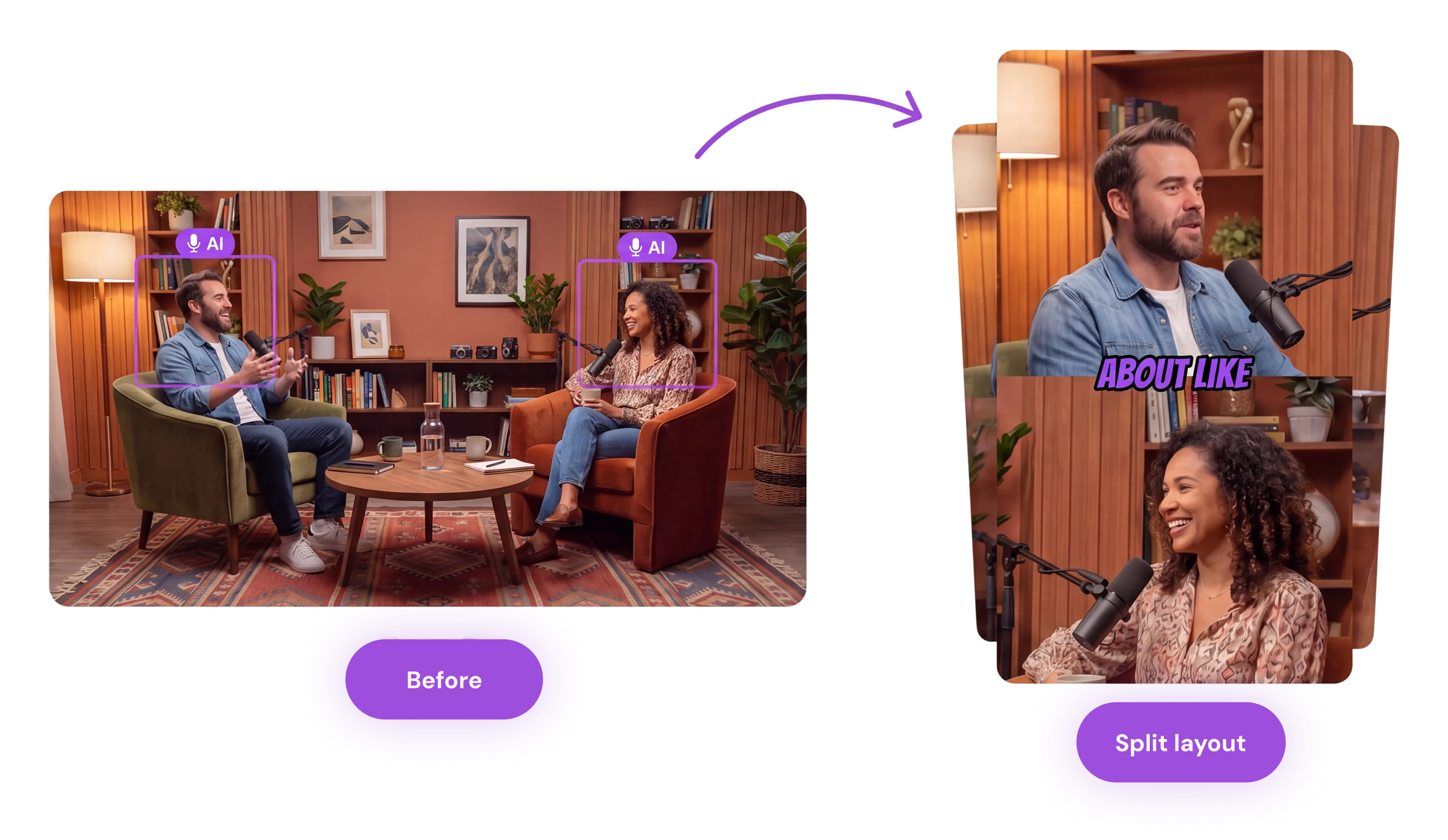 A wide podcast shot labelled Before next to a vertical Split layout reframe showing the same conversation reformatted for short-form video.