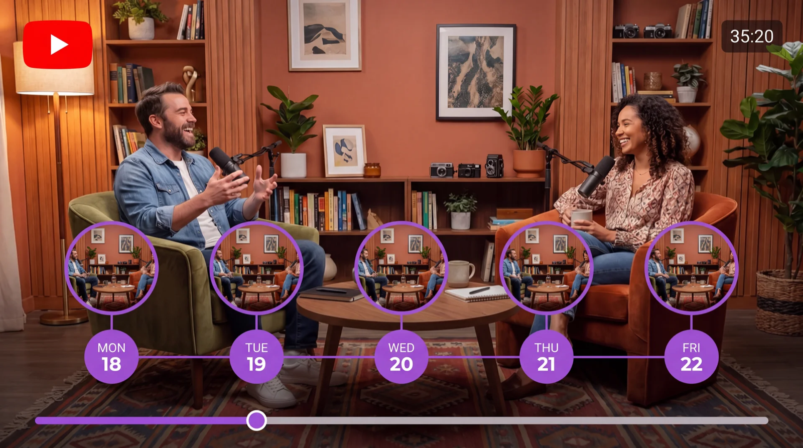 A podcast video preview with a timeline strip showing five day markers, MON 18 through FRI 22.